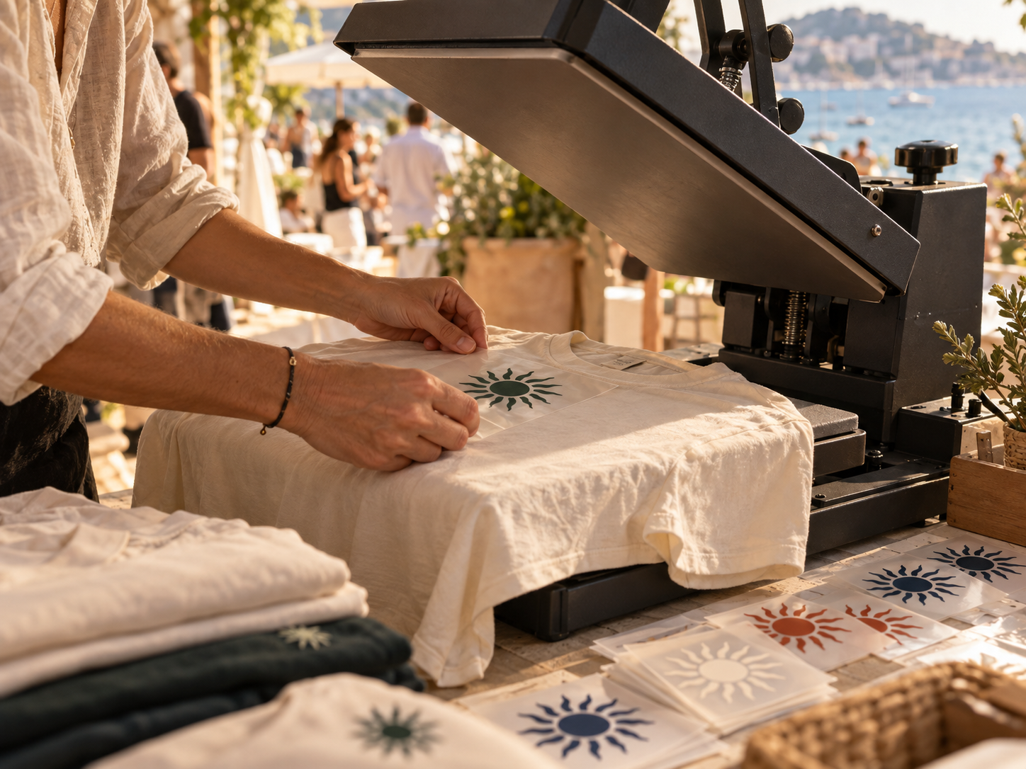 Mains posant un visuel soleil sur un t-shirt crème posé sur une presse à chaud ouverte, en terrasse au soleil