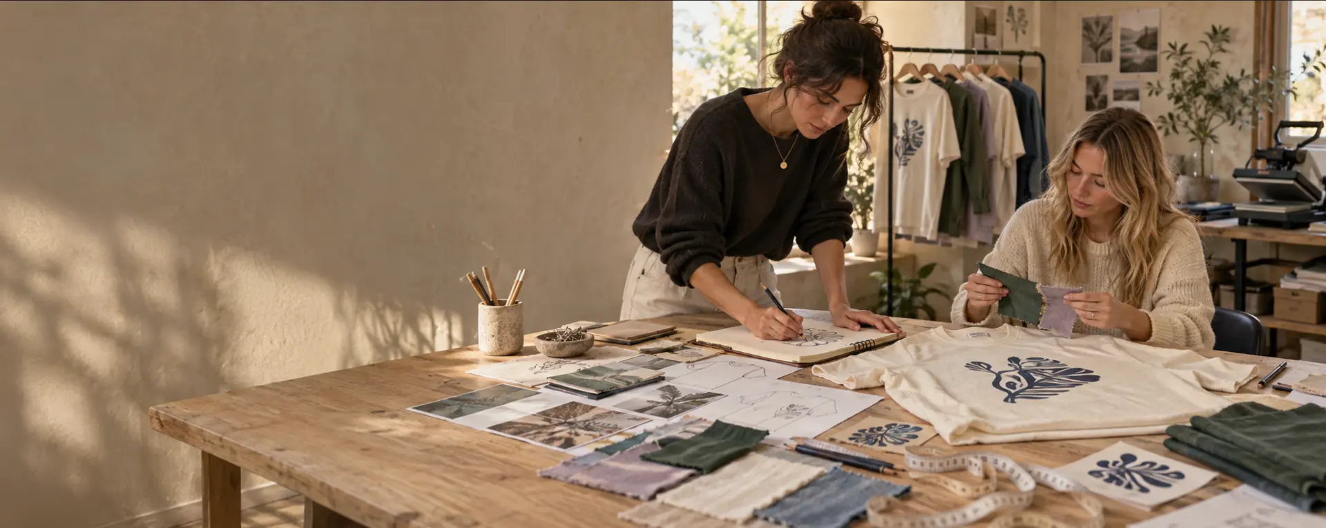 Two women sketching and sorting fabric swatches at a wooden workbench in a sunlit design studio