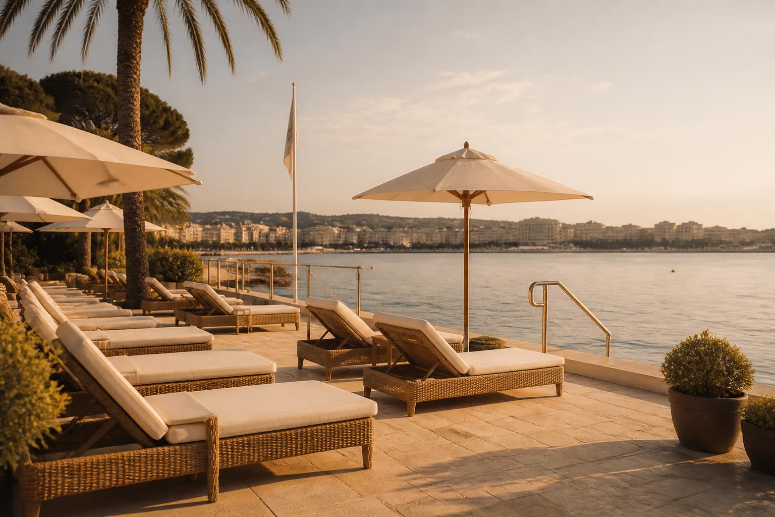 A serene Mediterranean beach club terrace at golden hour