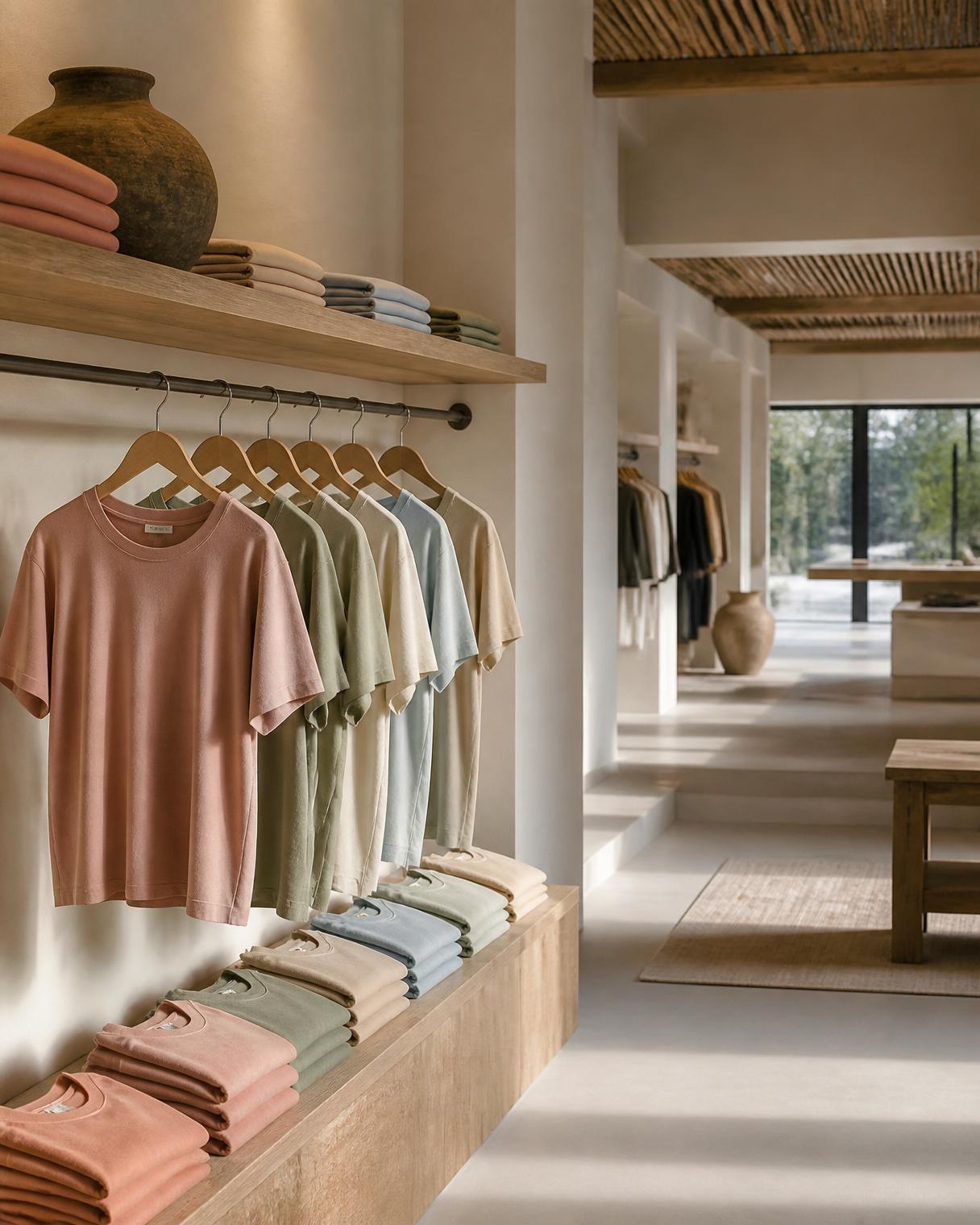 A premium concept store displaying The Morning After t-shirts on oak shelving and metal rails