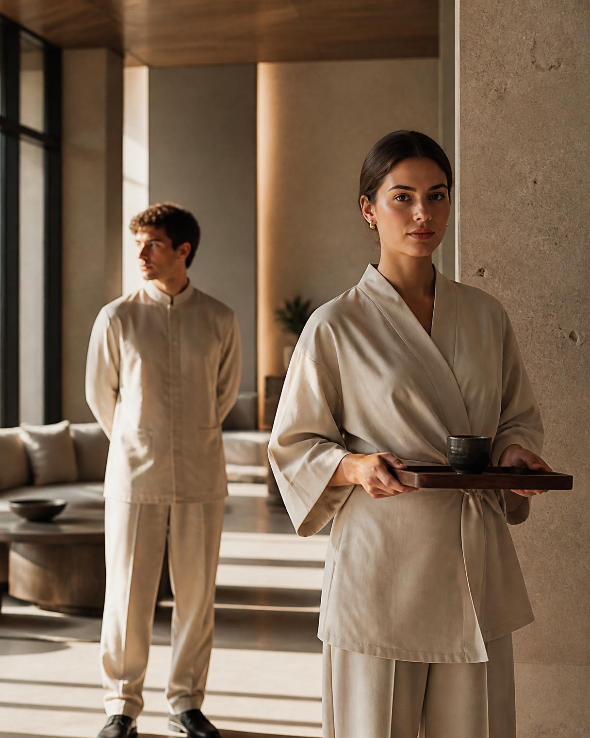 Luxury hospitality staff wearing premium oversized garments in a refined hotel interior