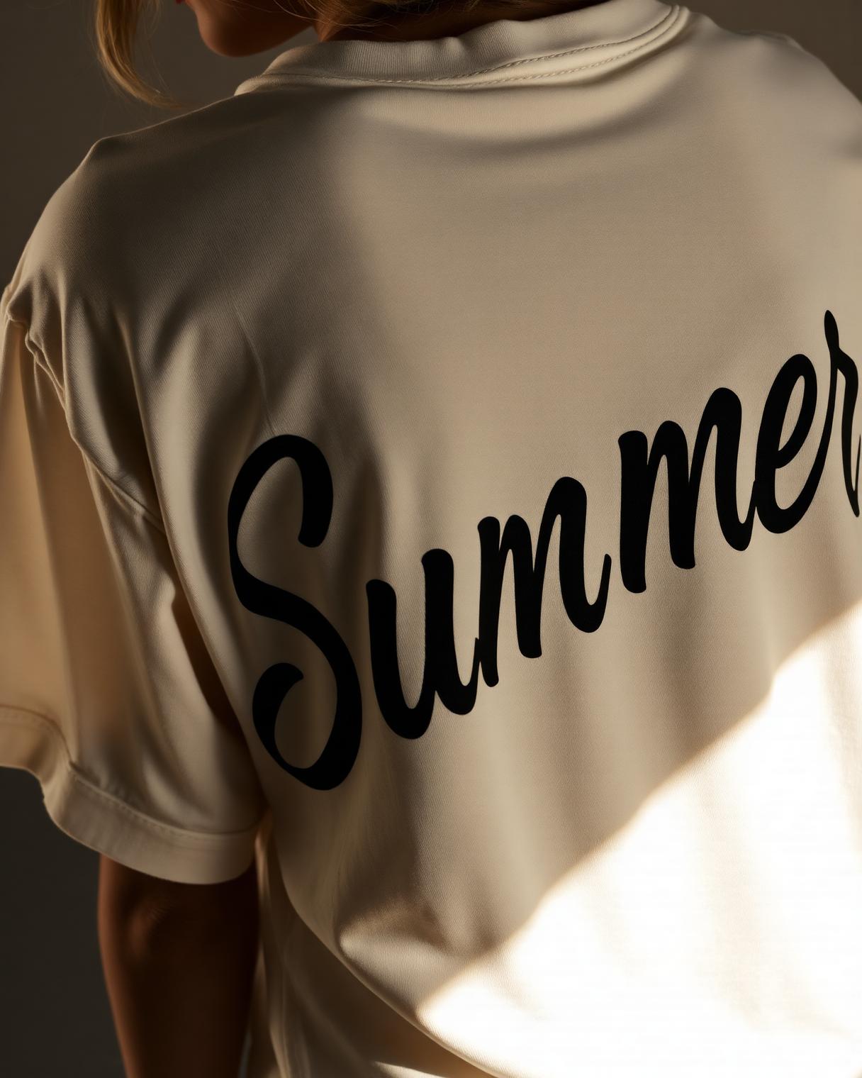 Close view of the flowing Summer script screen printed onto cotton