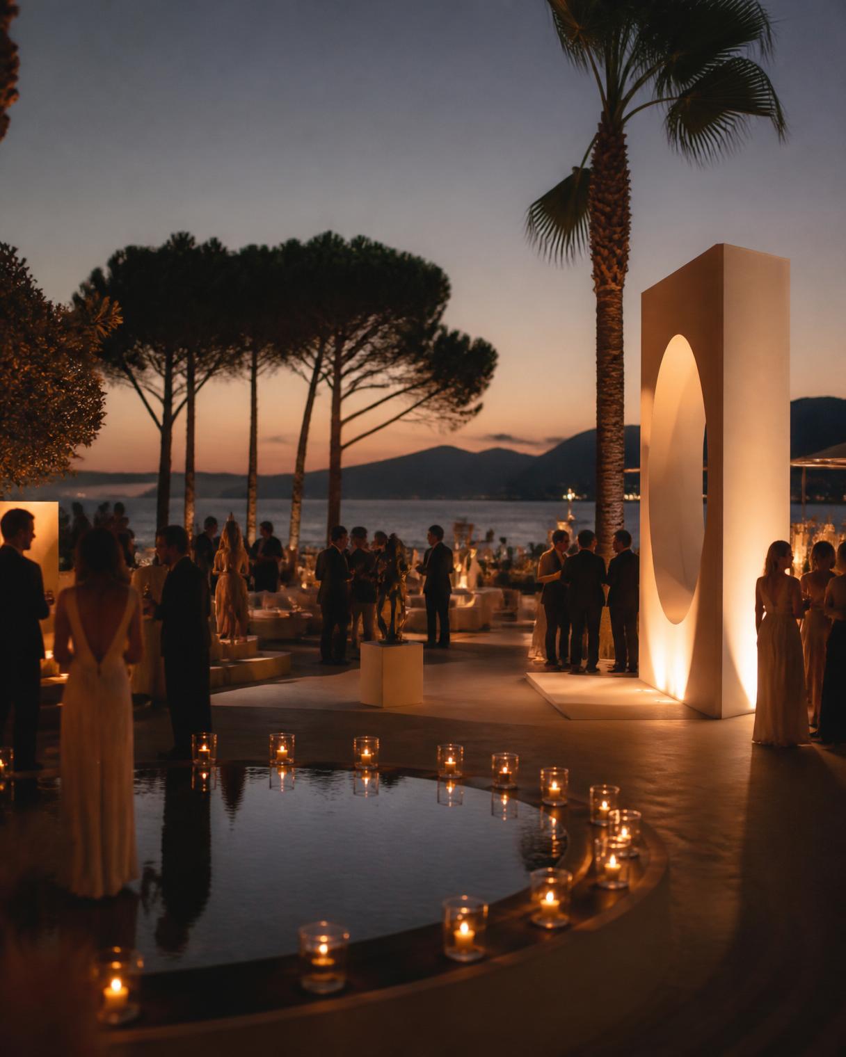A curated evening event with guests gathered around a premium apparel experience