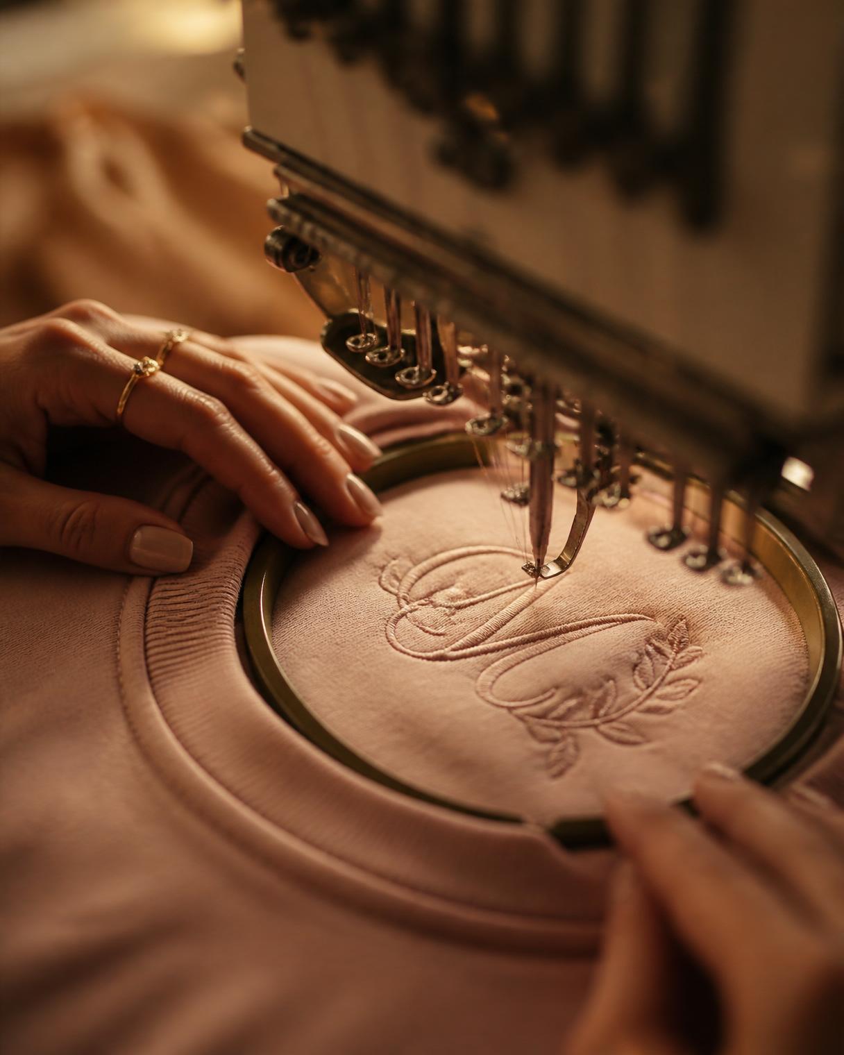 An embroidery machine stitching a monogram onto a pastel t-shirt