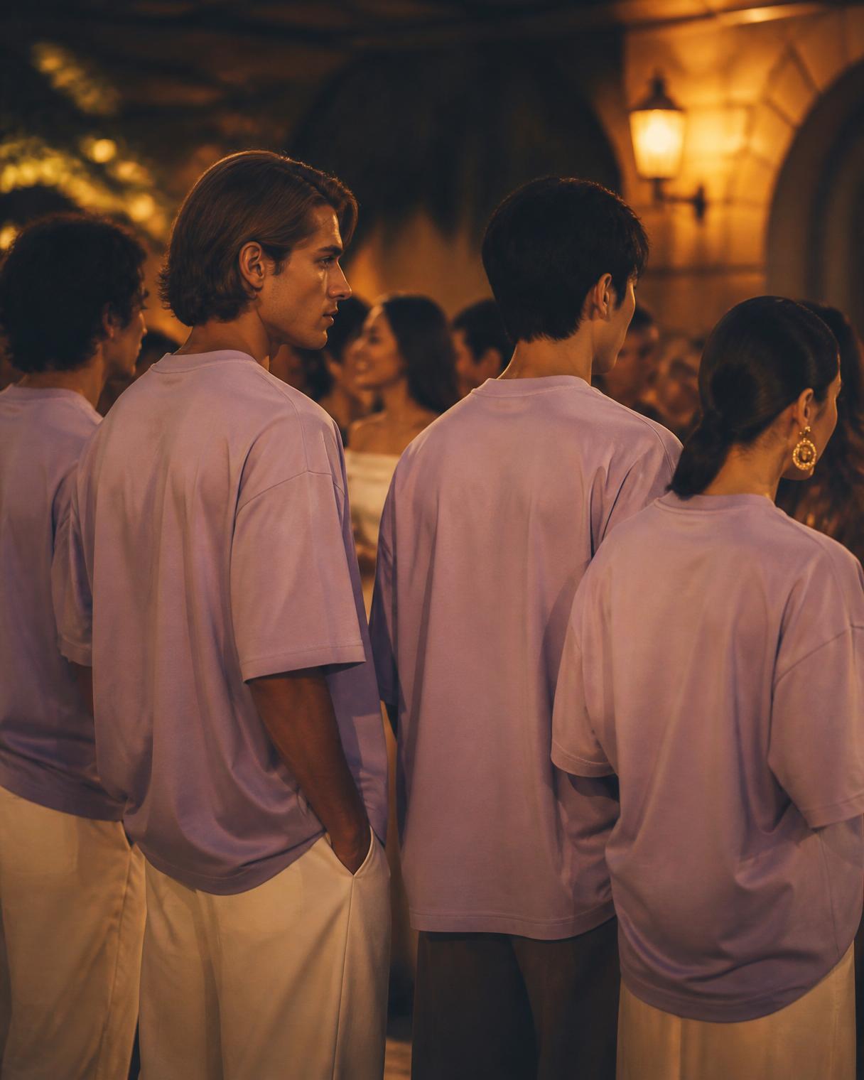 Guests wearing matching premium lilac t-shirts at an evening event
