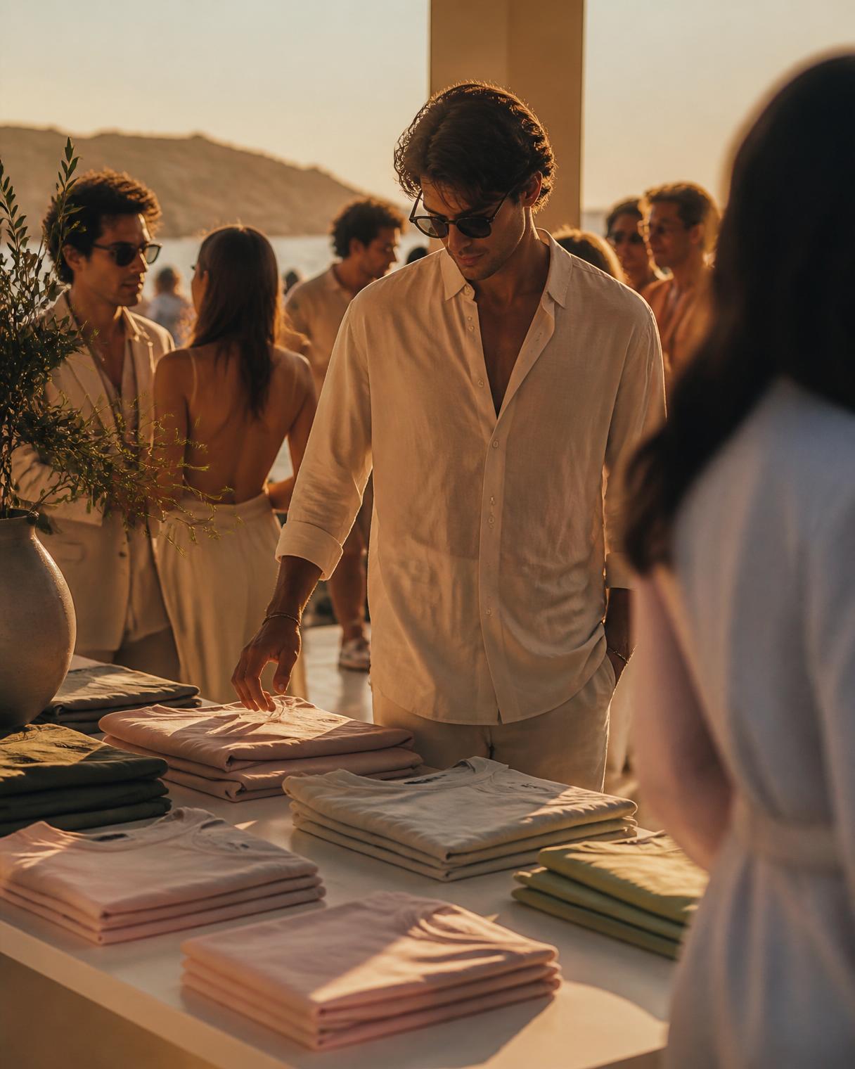 Stylish guests browsing folded pastel t-shirts at a golden-hour launch event