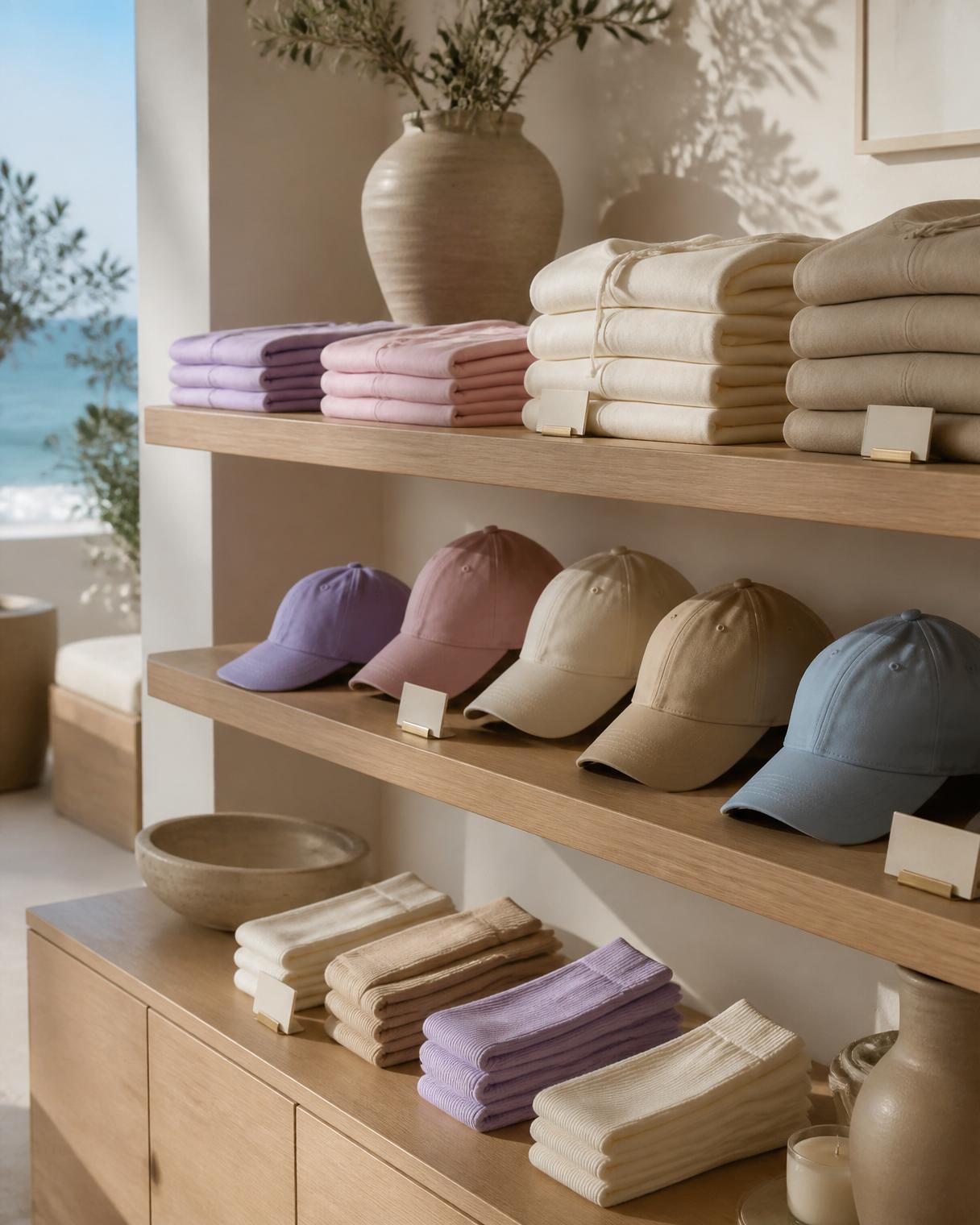 A refined merchandising corner with pastel t-shirts, hoodies, caps and socks on minimalist shelving