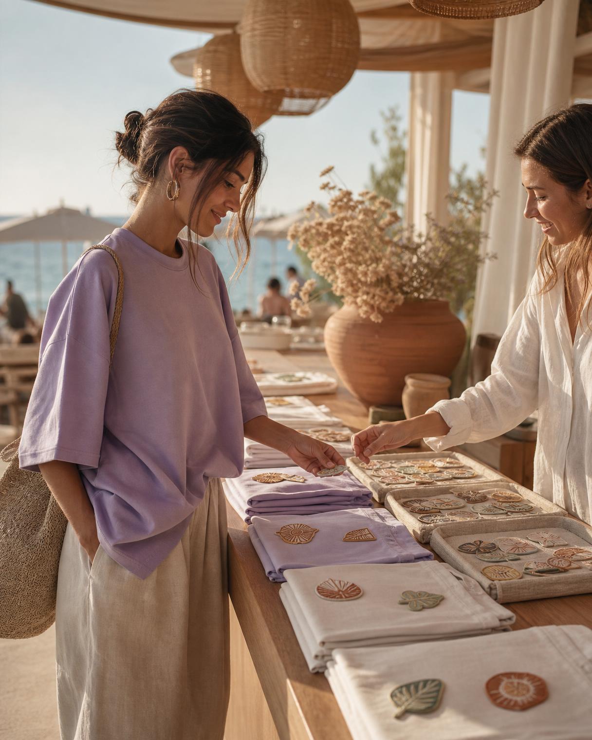 A stylish guest choosing an embroidered patch at a sunlit beach club patch bar