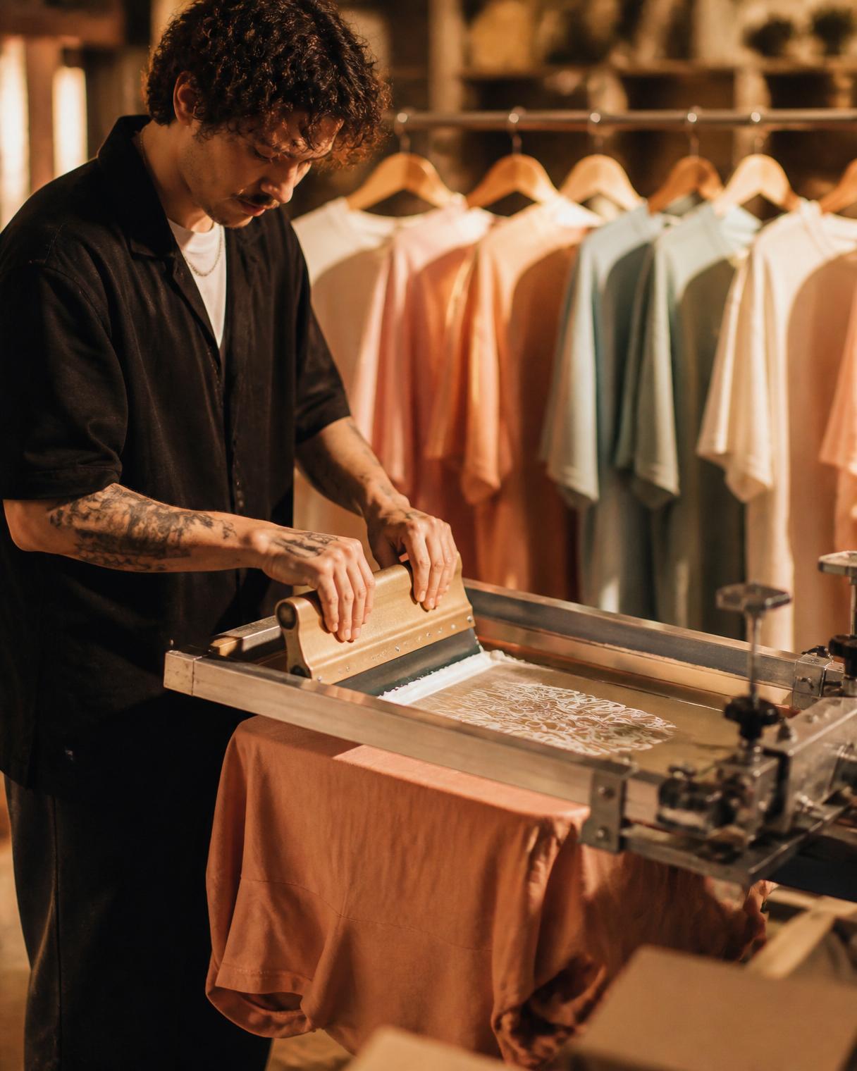 A screen printer pressing ink onto a premium t-shirt beside a rail of pastel garments