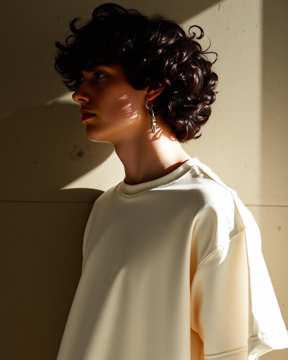 Close side profile of a model in an off-white tee in dramatic side light
