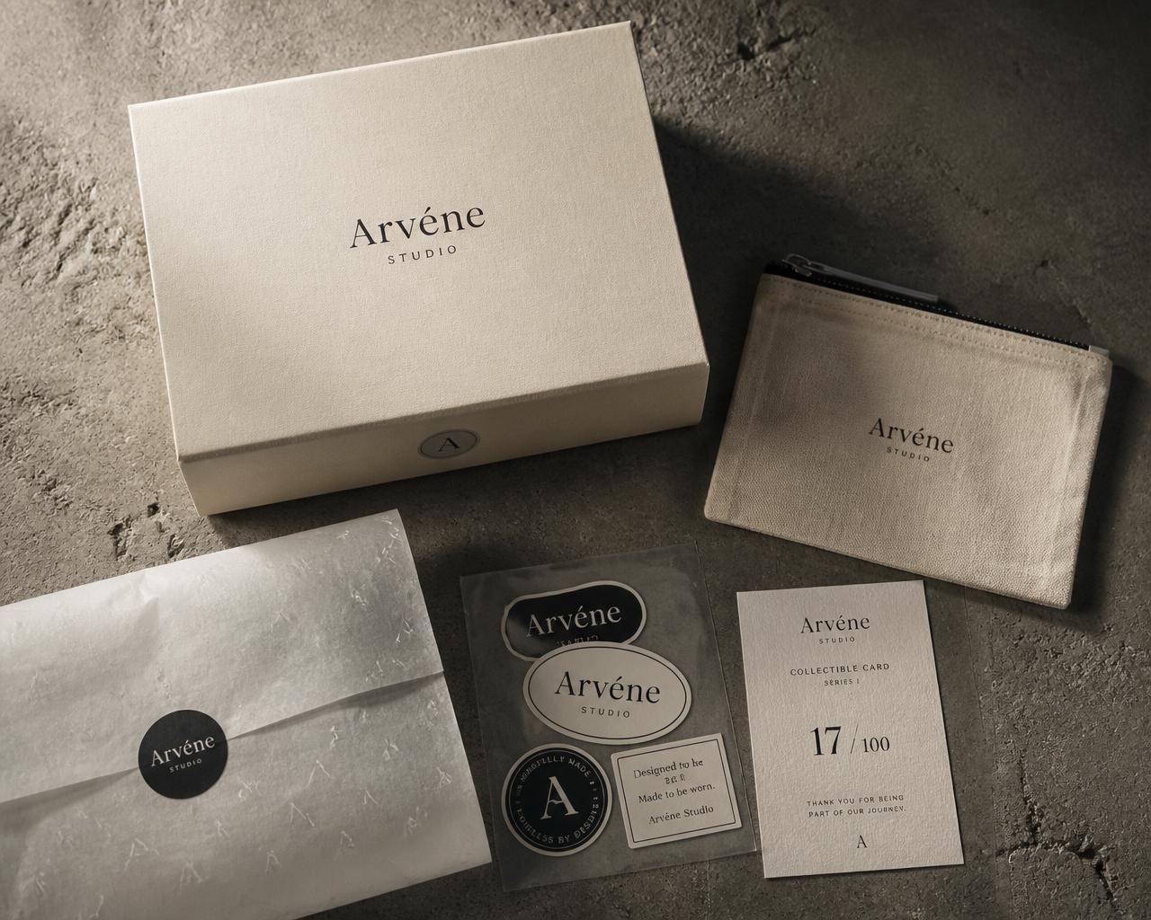 Editorial flat lay of the premium packaging and numbered card